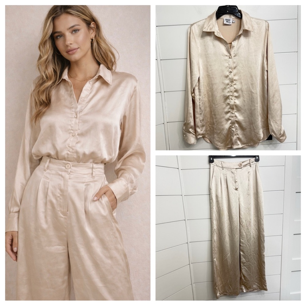 Princess Polly Champagne Satin Button-Front Pants & Shirt Set